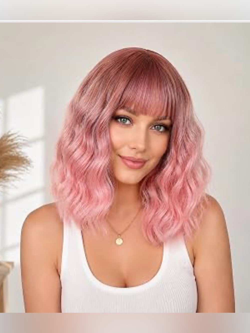 Pink Short Wavy Wigs for Women Curly Synthetic Wig with Bangs
14inch